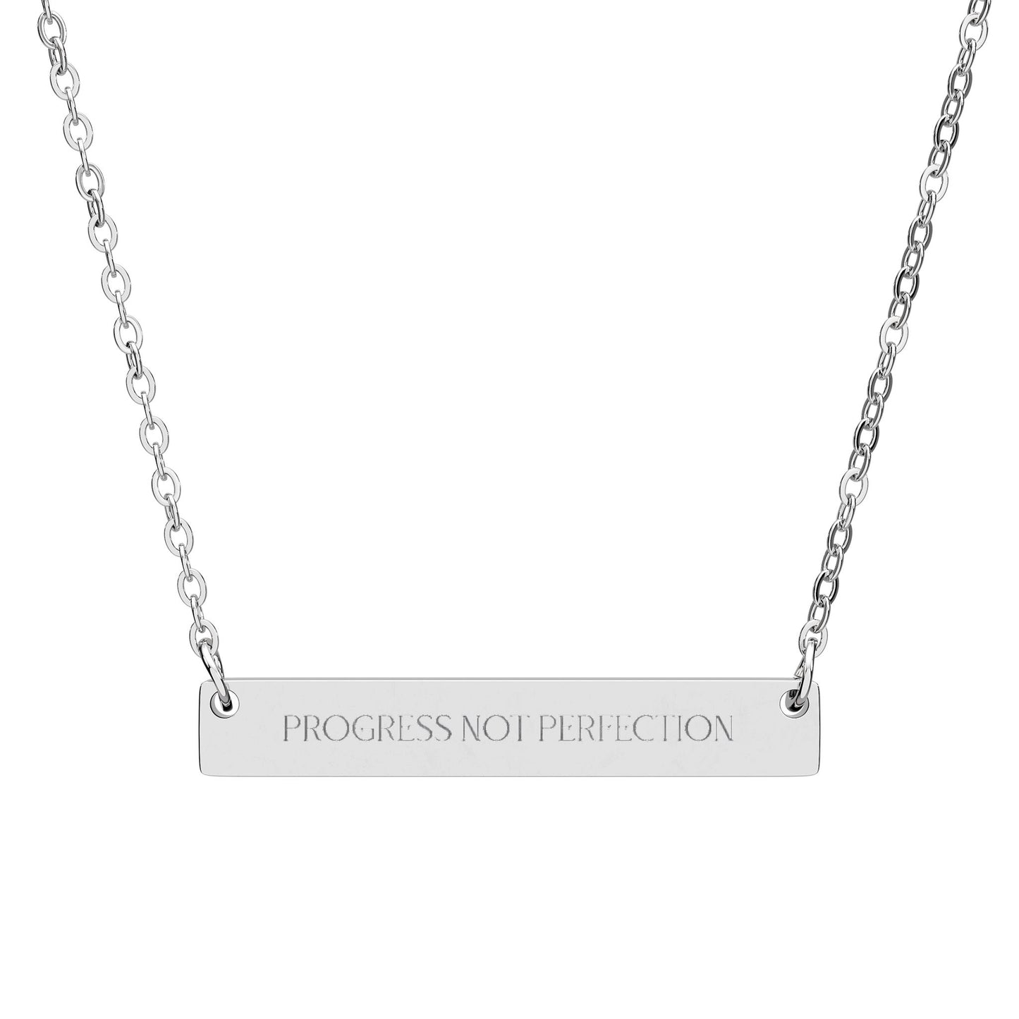Progress Not Perfection Engraved Horizontal Bar Necklace