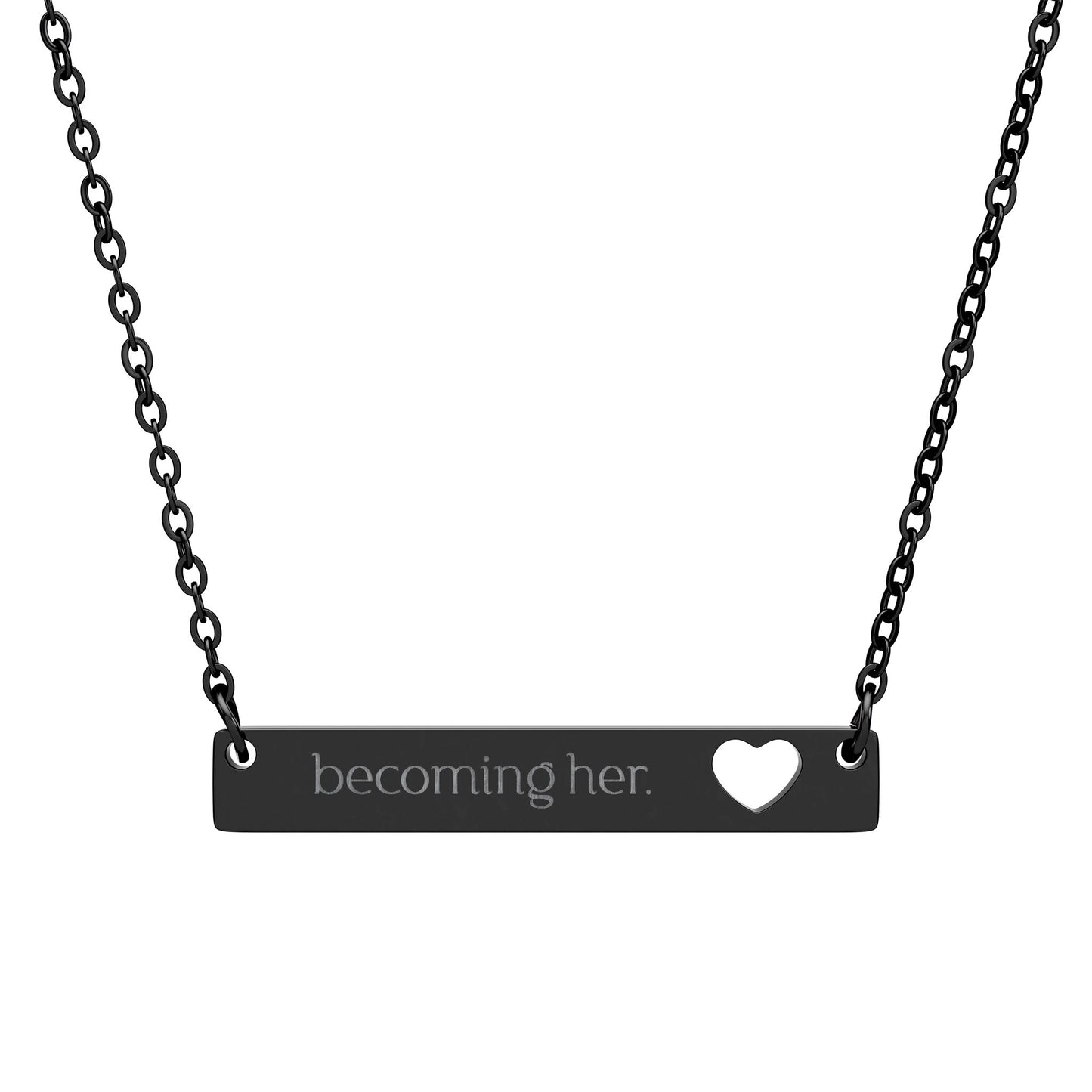 Becoming Her. Engraved Cutout Heart Bar Necklace