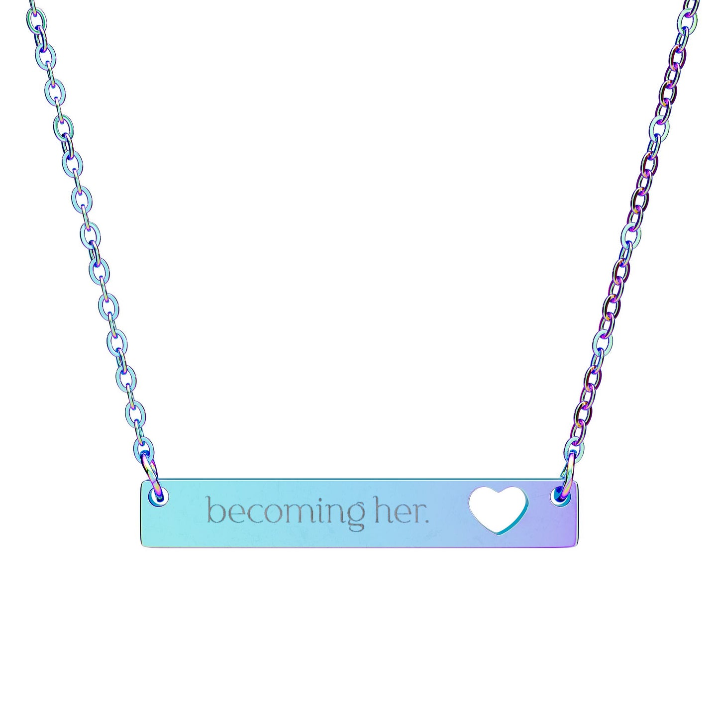 Becoming Her. Engraved Cutout Heart Bar Necklace