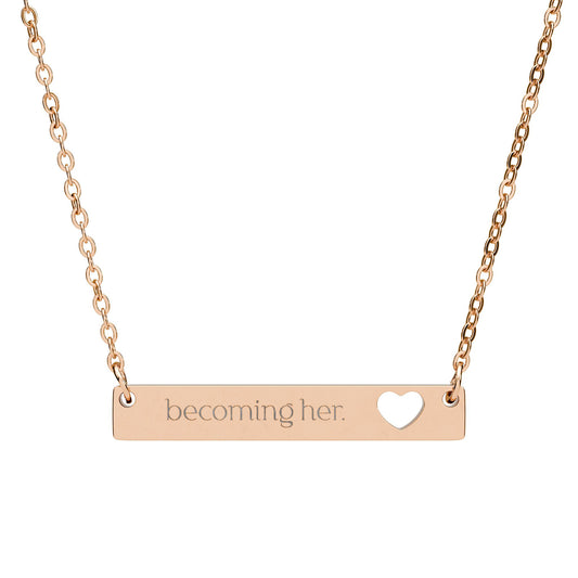 Becoming Her. Engraved Cutout Heart Bar Necklace
