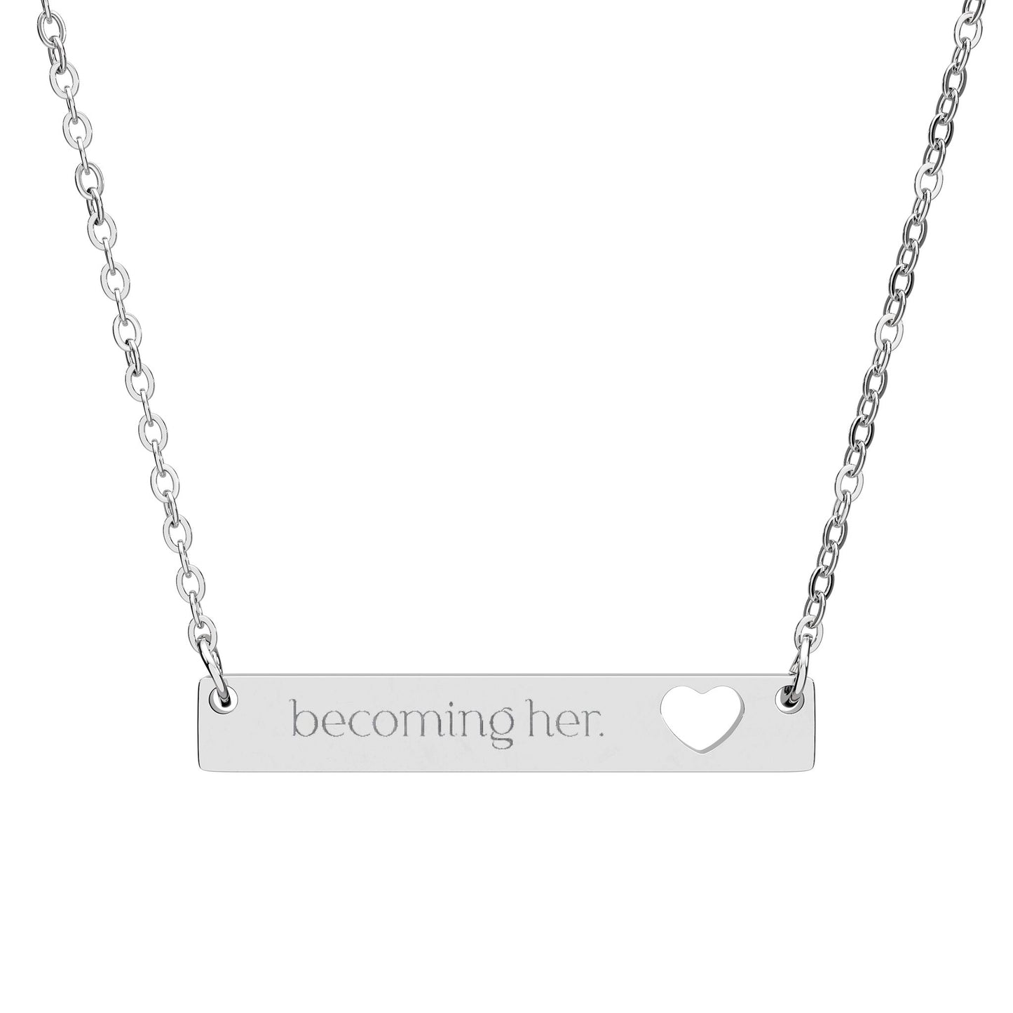 Becoming Her. Engraved Cutout Heart Bar Necklace